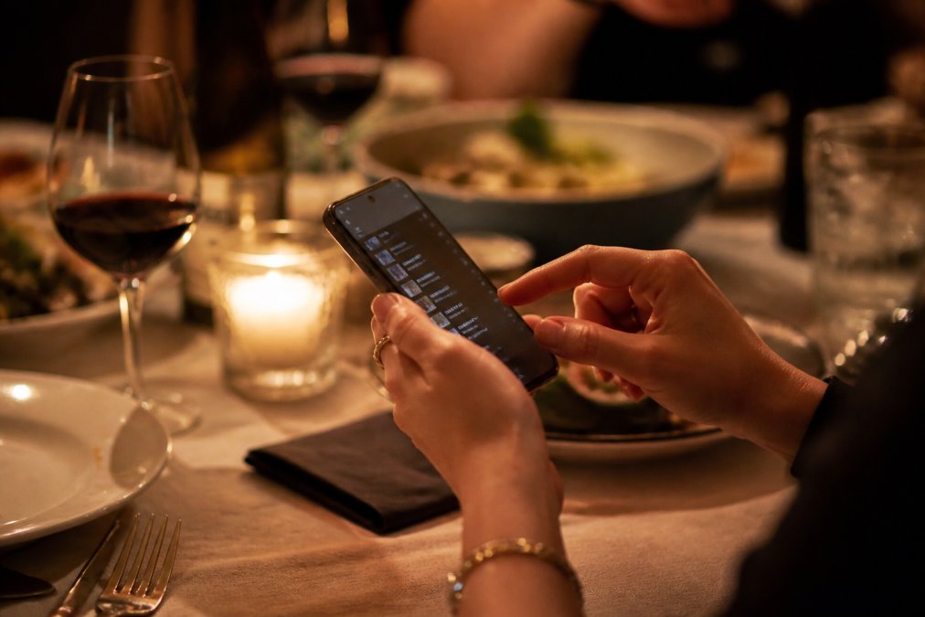 Close-up of hands selecting music on a smartphone with warm ambient dinner table lighting blurred in the background, soft candlelight visible