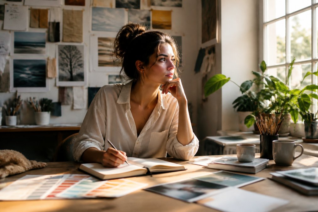 Creative professional sitting at a desk with laptop and notebook, brainstorming AI art prompts with mood boards and color swatches pinned to wall, natural window lighting illuminating workspace