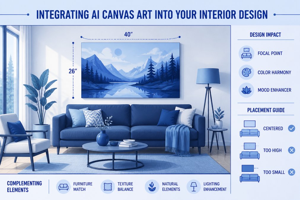 Modern living room interior with AI-generated canvas print displayed prominently on wall above sofa, showing personalized artwork complementing warm-toned furniture and neutral walls with natural afternoon lighting