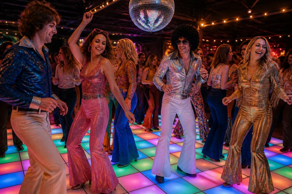 Een groep feestgangers in jaren 70-disco-outfits met wijde broeken en glitters danst op een verlichte dansvloer met kleurrijke patronen, lachend en vol energie, discobal boven de vloer