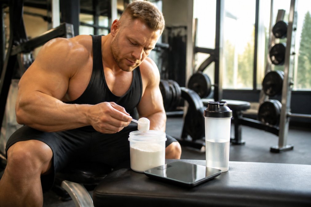 Close-up of a white creatine powder scoop next to a digital scale and water bottle on a clean gym bench with morning sunlight