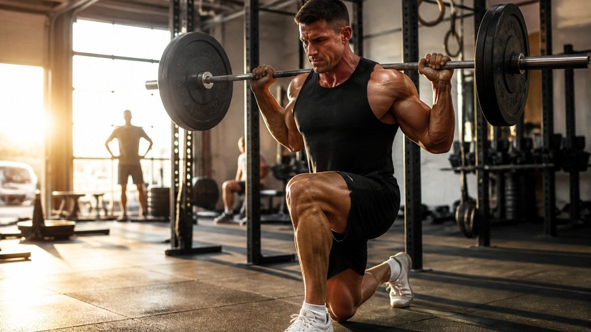 Athlete performing resistance training with focused muscle engagement in a sunlit modern gym