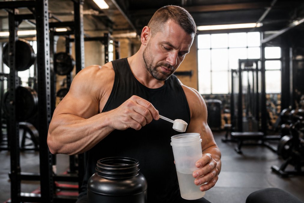 Athlete in modern gym setting mixing creatine monohydrate powder into a shaker bottle with water, focused expression, natural gym lighting