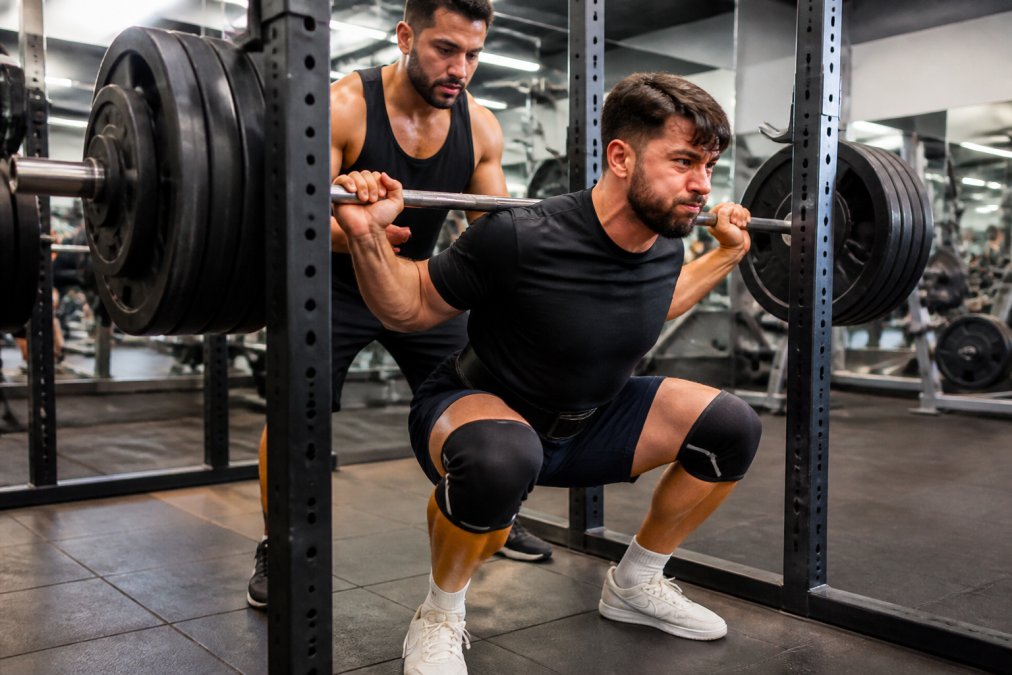 A male athlete performing a heavy barbell squat in a well-lit gym, showing muscular effort and intense focus, with multiple weight plates clearly visible on the bar and a training partner spotting in the background