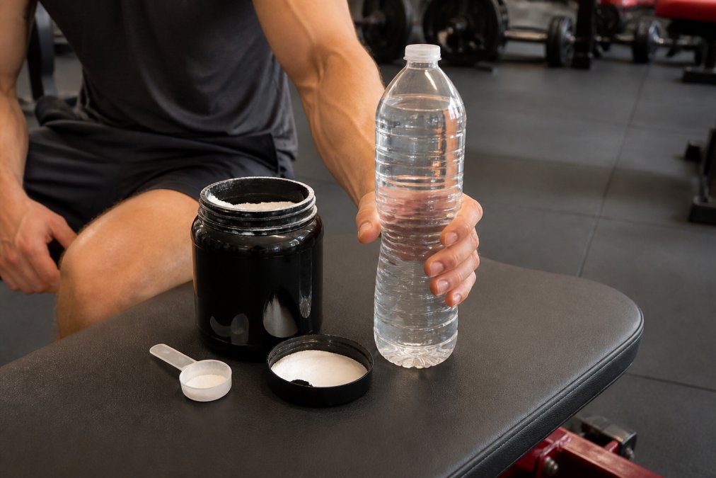 Close-up of a gym-goer's hand gripping a large clear water bottle beside an open tub of creatine monohydrate powder resting on a gym bench, with a clean gym floor visible in the background