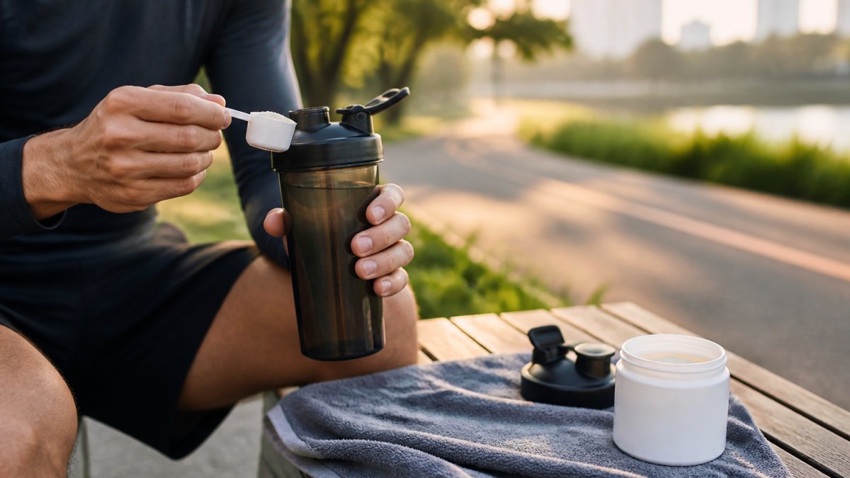 A runner drinking from a water bottle during an outdoor training session at sunrise, with a small scoop of creatine powder visible on a towel nearby