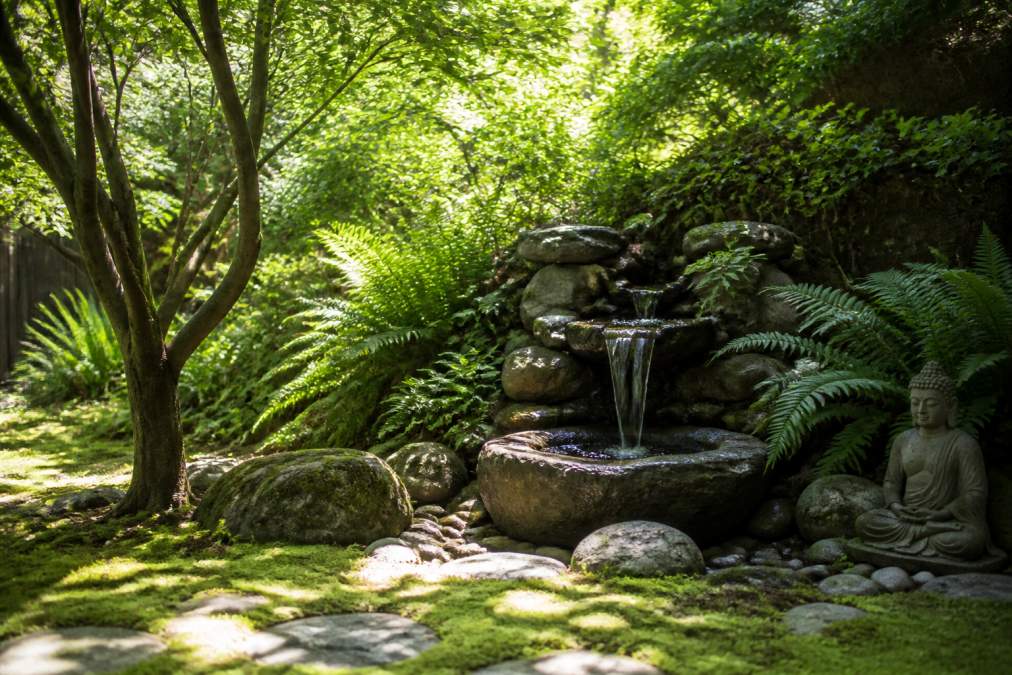 Serene backyard corner with a cascading stone fountain surrounded by lush green foliage, soft dappled sunlight filtering through tree leaves, creating peaceful shadows on moss-covered ground