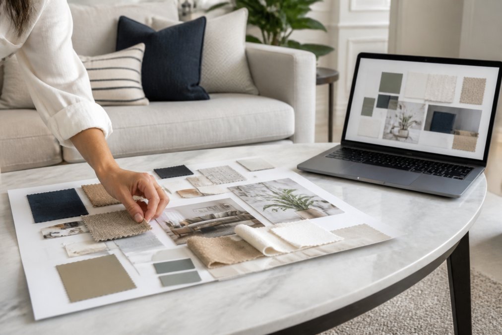 A bright modern living room with a physical mood board on a coffee table showing fabric swatches, paint chips, and magazine clippings, one hand arranging samples while a laptop nearby displays a digital version of the same board