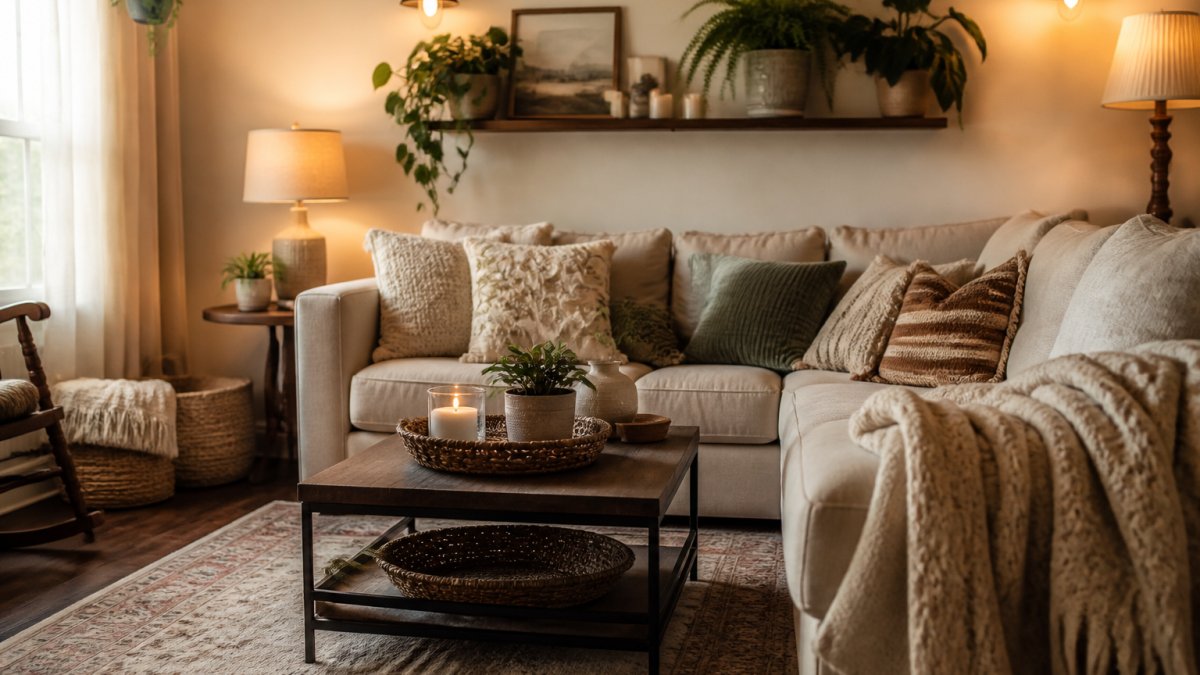 Infographic illustrating a step-by-step process for styling a warm and cozy living room on a limited budget.