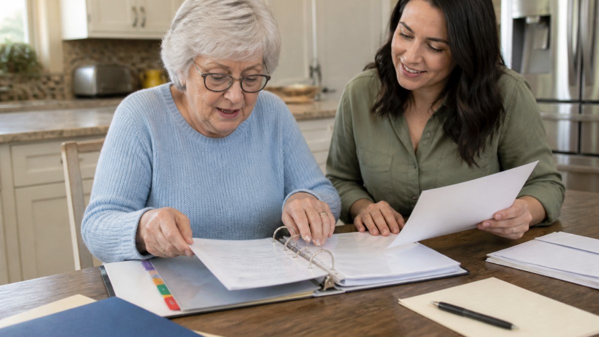 An older woman sitting at a kitchen table with a three-ring binder, labeled tabs, and a pen, arranging important documents while a younger family member helps nearby