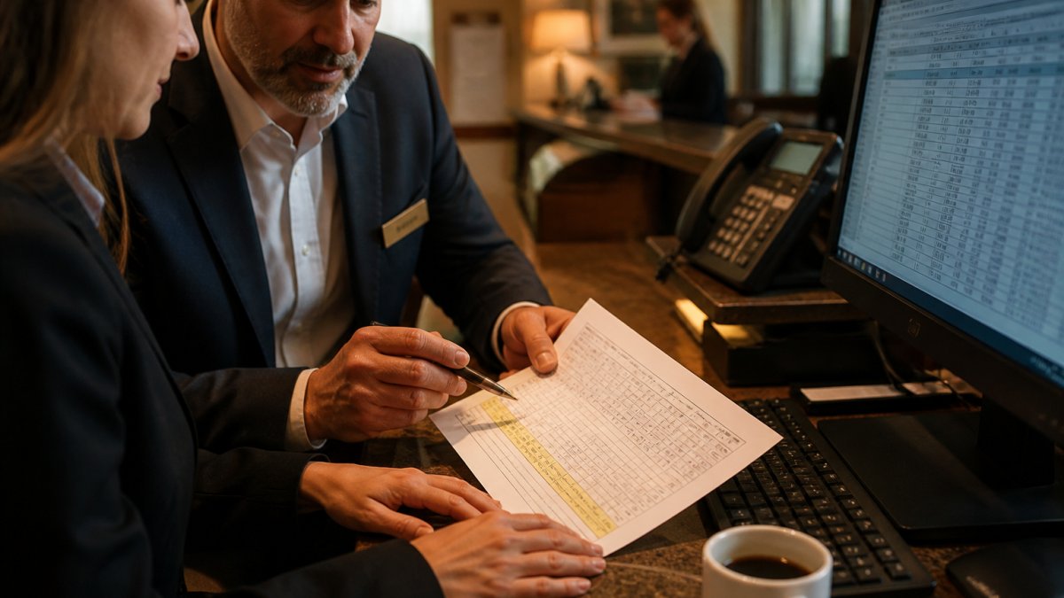 A hotel general manager and IT director reviewing a printed budget worksheet at a front desk computer, with a spreadsheet visible on screen and a coffee cup nearby