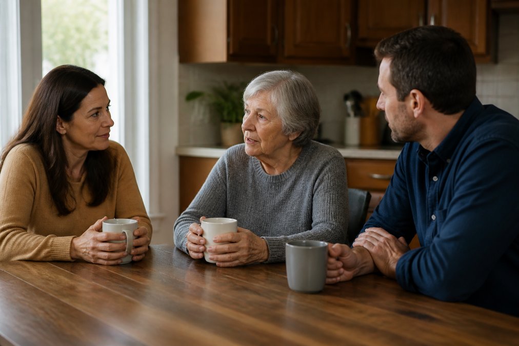 Adult children and elderly parent sitting together at a kitchen table with warm coffee cups, having a thoughtful conversation, with natural window lighting creating a calm, intimate atmosphere