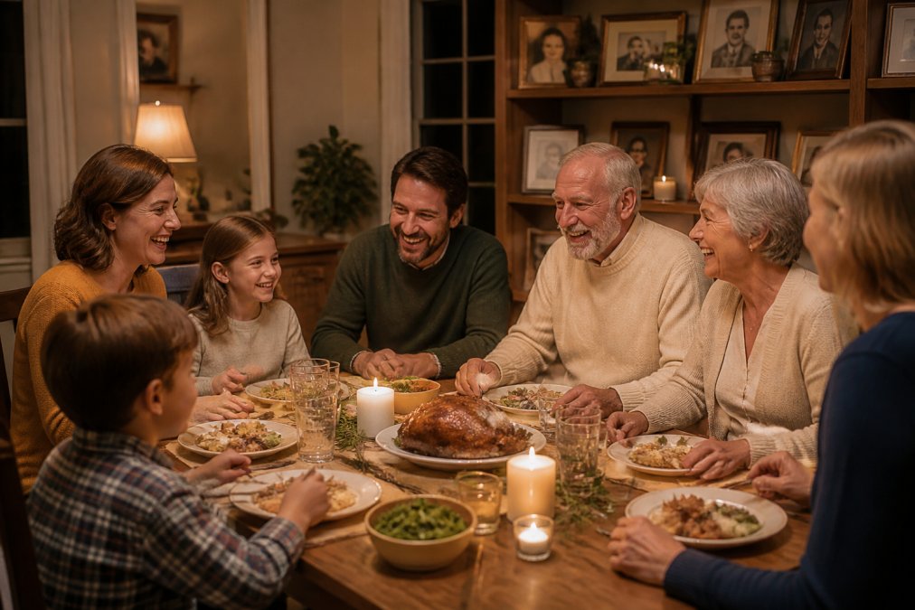 Multi-generational family gathered around a wooden dinner table sharing a meal together, with family photos and handwritten mementos visible on shelves in the background, warm evening lighting from candles and nearby lamps