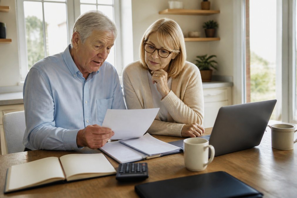 Retired couple sitting at a home office desk reviewing financial documents and a laptop, with coffee and notebooks nearby, discussing their monthly budget