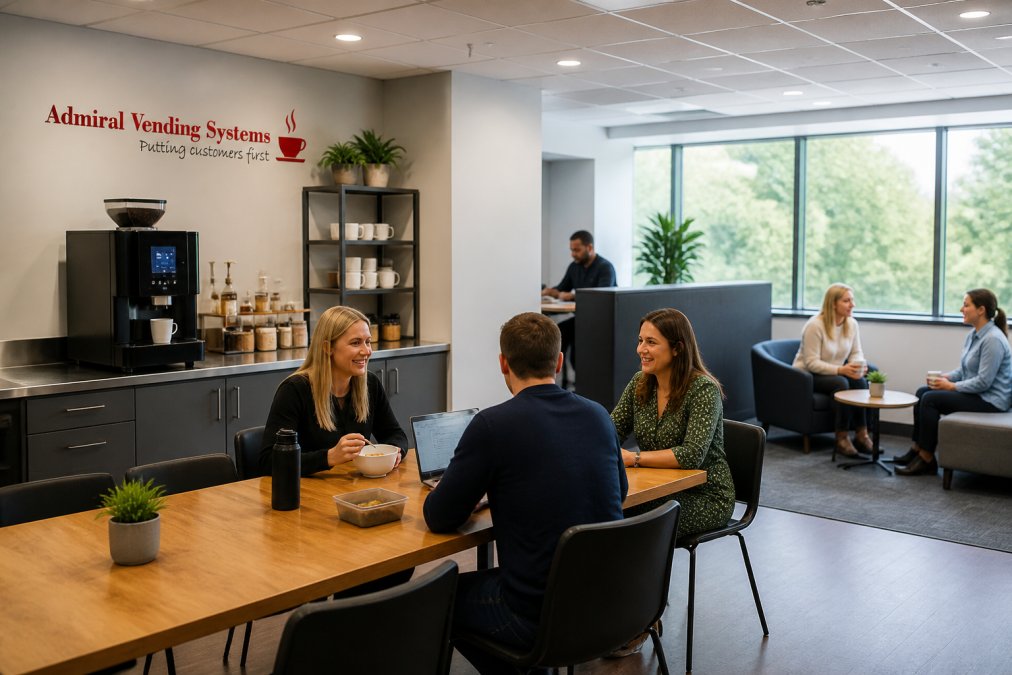 Modern office breakroom with distinct zones: a sleek coffee machine station in one corner with stainless steel counter, employees seated at a wooden dining table with laptops and lunch boxes, and a quiet seating area with upholstered chairs separated by a low partition, natural light from large windows