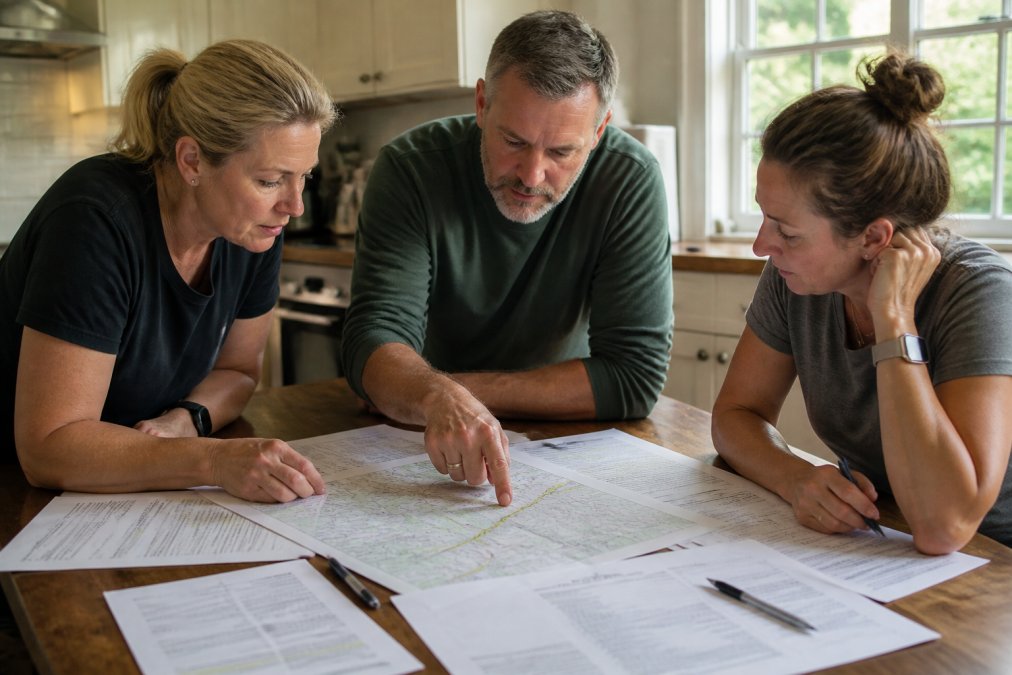 Three neighbors leaning over a kitchen table scattered with printed communication plan templates, a paper map, and pens, one person pointing at a highlighted route while daylight streams through the window