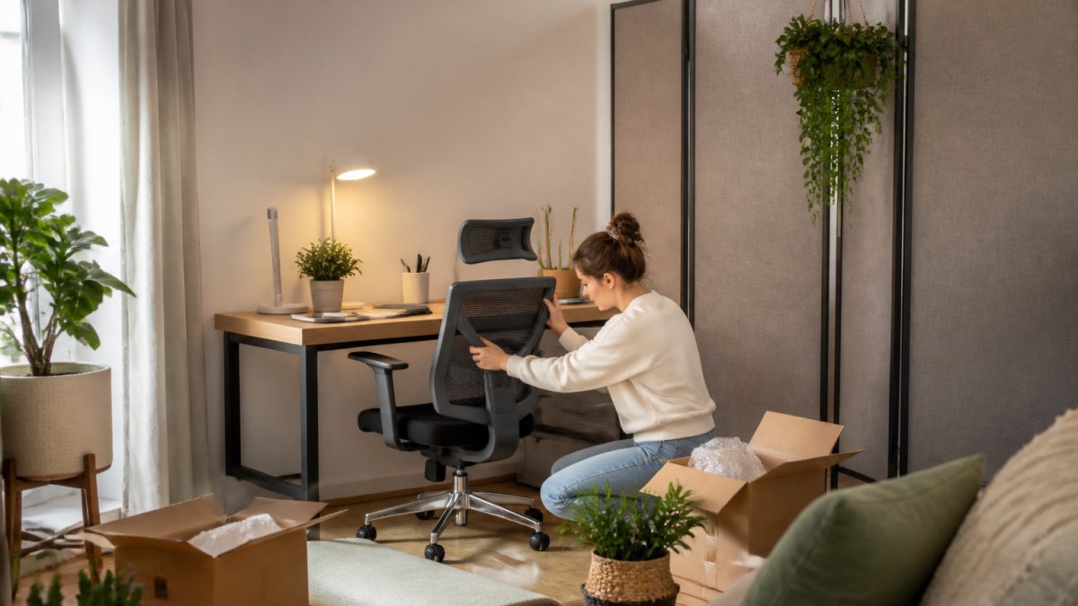 Minimalist home office corner with desk, ergonomic chair, potted plants, soft warm lighting from desk lamp, and a fabric room divider creating visual separation from rest of room