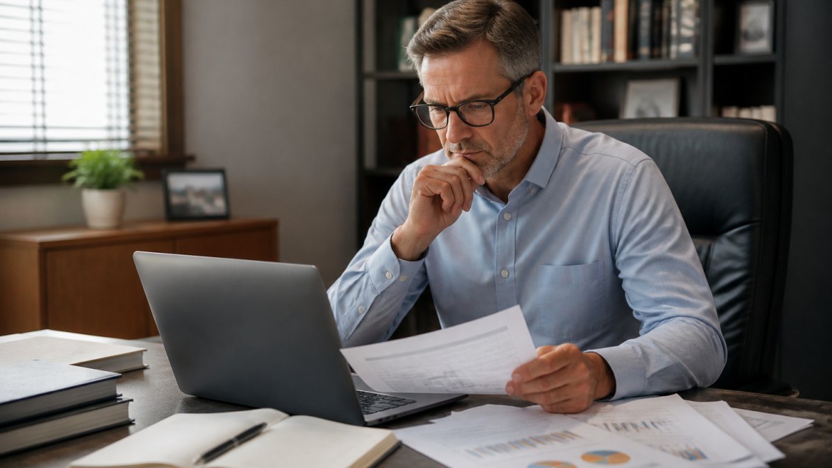 Business owner reviewing financial reports and expansion metrics on laptop at desk with notebooks and planning documents, natural office lighting