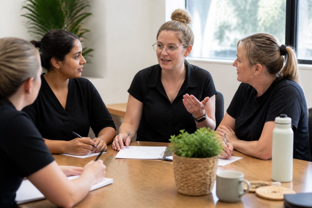 A small group of early childhood educators sitting in a bright staff room, one person speaking while others listen and take notes on a shared document