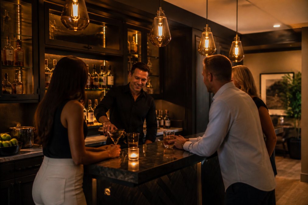 Warm amber pendant lights illuminate a sophisticated home bar with guests gathered in a moody, ambient setting.