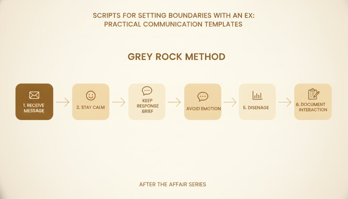 Flowchart showing Grey Rock method steps: Receive message → Stay calm → Keep response brief → Avoid emotion → Disengage → Document interaction