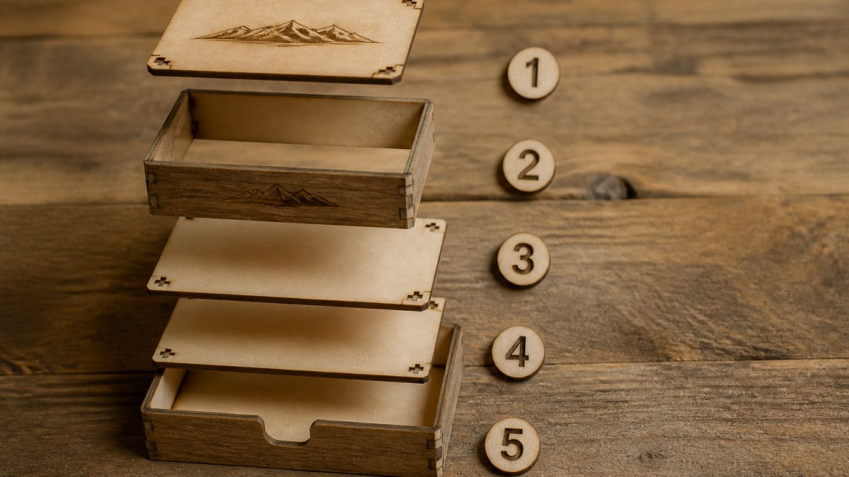 Exploded view of a multi-layer laser-cut wooden box showing individual layers with registration marks visible at corners, kerf compensation details in joints, and assembly sequence numbered 1-5