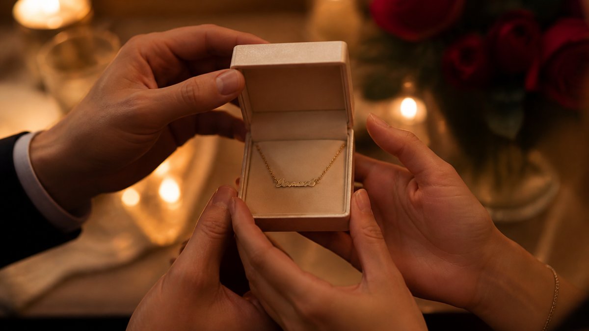 A close-up photo of a couple's hands holding a personalized name necklace in a soft-touch gift box, warm romantic lighting, blurred candlelit background