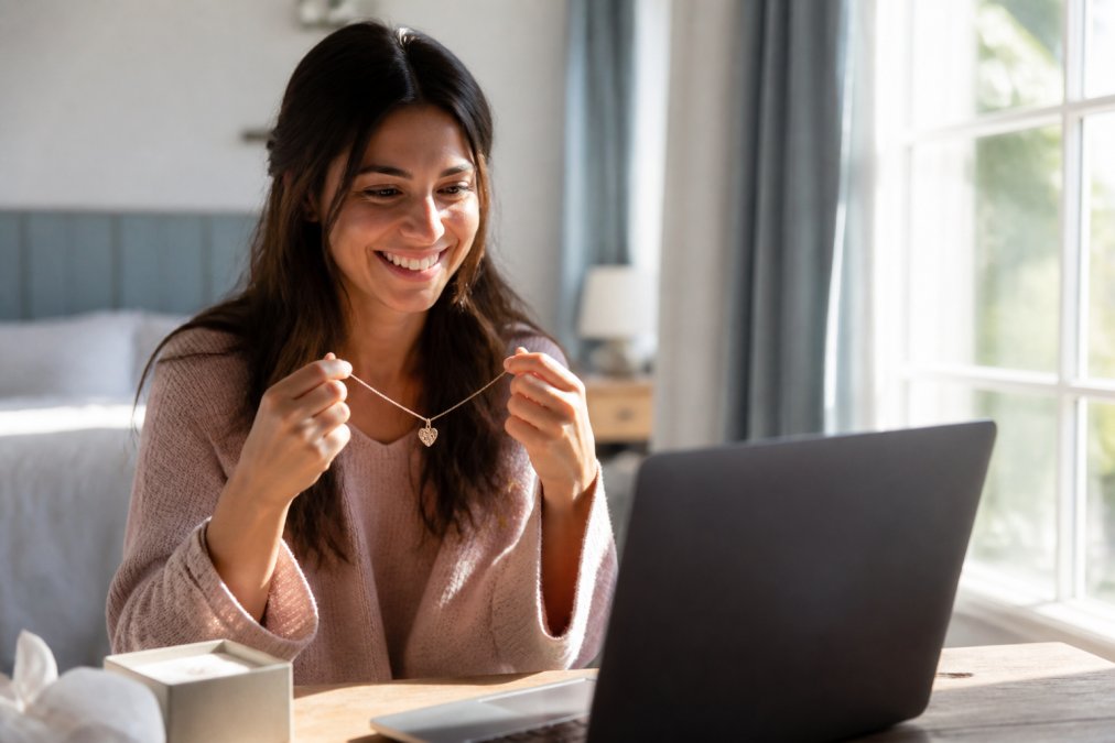Woman holding a delicate personalized necklace or bracelet while smiling warmly at her laptop screen during a video call, natural sunlight streaming through a window, showing emotional connection across distance