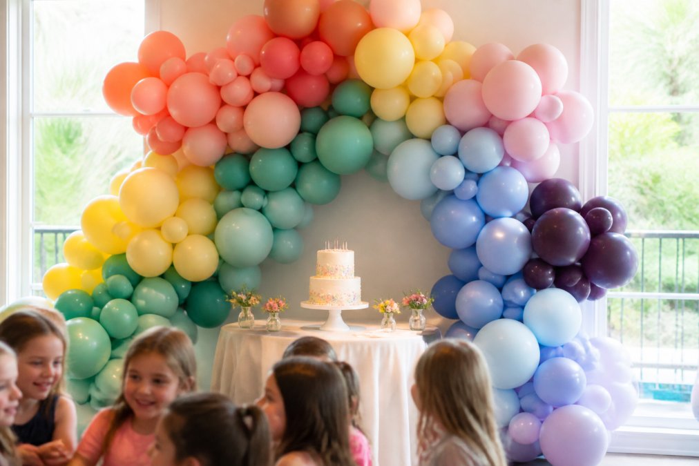 Colorful organic balloon garland backdrop at a child's birthday party, with latex balloons in various sizes and matte finishes clustered naturally, displayed behind a cake table with natural window lighting and smiling children in the foreground