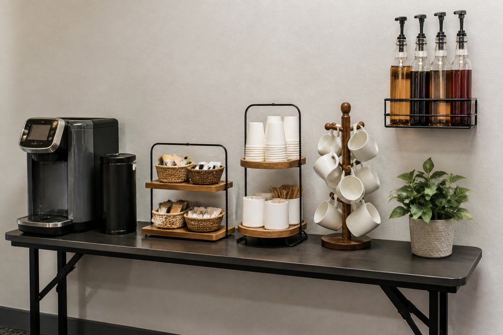 Diagram showing compact coffee station ideas using tiered stands and wall-mounted storage for small rooms.