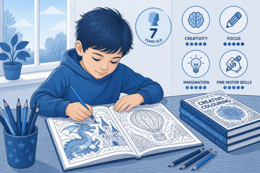 A 7-year-old child sitting at a wooden table, concentrating intently while colouring detailed illustrations in an open colouring book with coloured pencils, natural daylight streaming through a window showing focused engagement
