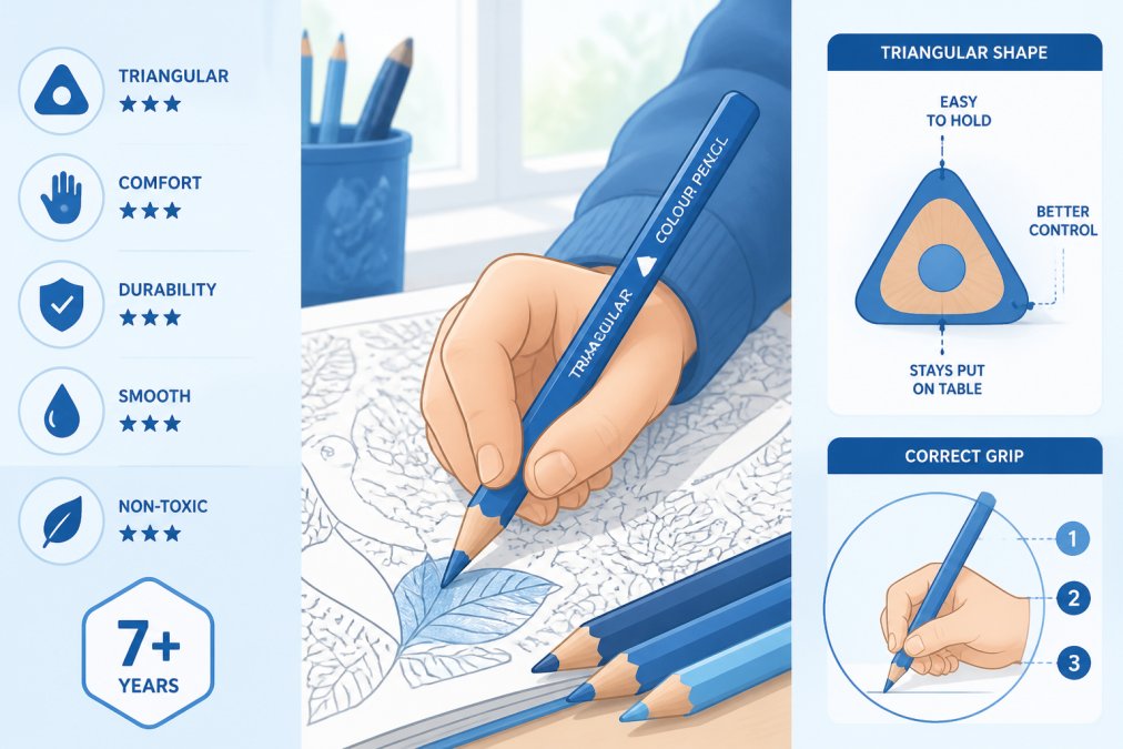 Close-up of a child's hand holding quality triangular colouring pencils with proper grip positioning over a detailed colouring book page, showing fine motor control and pencil technique with natural window lighting