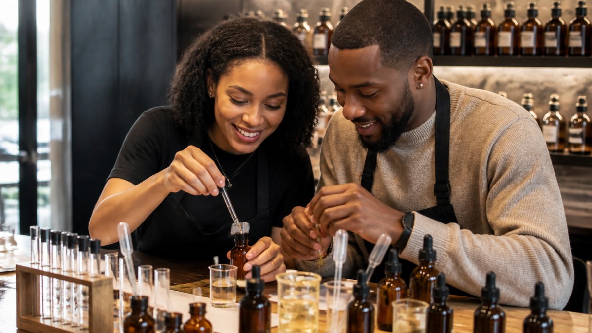 A couple smiles while blending fragrance oils during a perfume-making class, one of our creative date ideas in Atlanta.