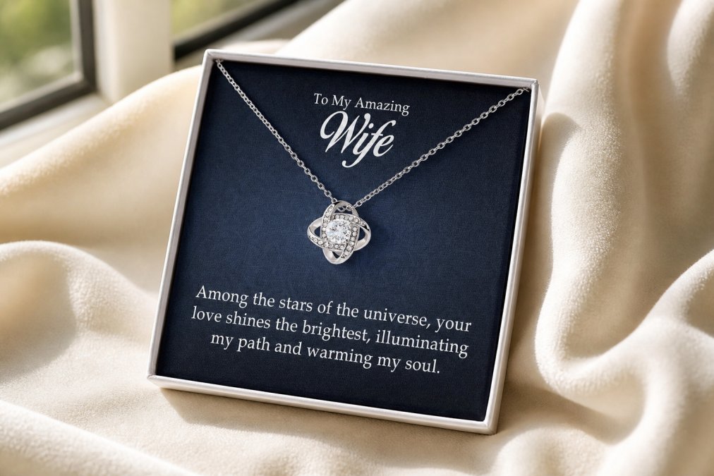 Close-up of elegant love knot necklace with cubic zirconia crystals catching light, displayed on soft cream-colored velvet fabric with natural window lighting