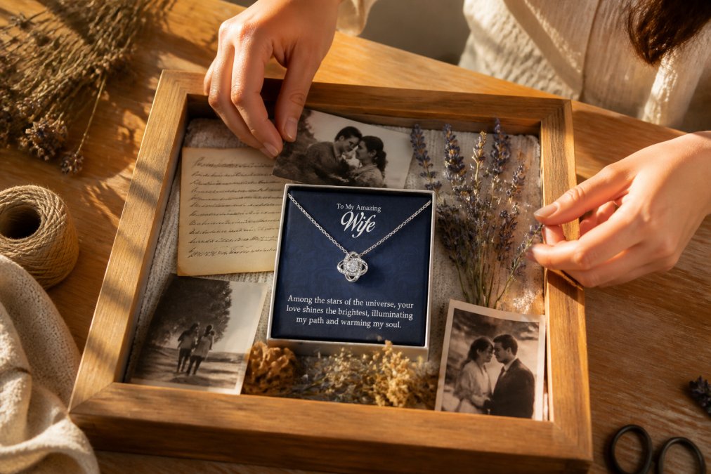 Hands carefully arranging vintage photographs, handwritten notes, and dried lavender flowers into a wooden shadow box frame with natural afternoon sunlight streaming across the workspace