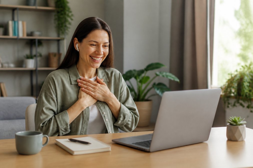 Remote employee smiling at a laptop while receiving digital employee recognition award ideas via a notification.