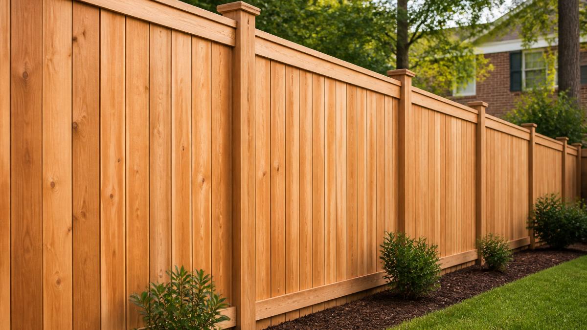Close-up photograph of a newly installed cedar wood privacy fence in a residential backyard, natural grain visible, sturdy posts set into the ground, warm afternoon light
