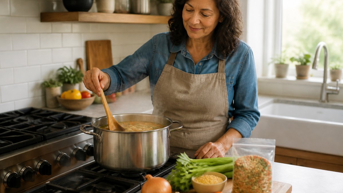 A home cook in a bright kitchen stirring a steaming pot of soup, with a dry soup mix packet and fresh vegetables on the counter nearby