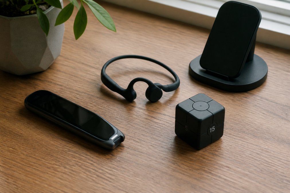 A flat-lay of creative gadgets for men, including a translation pen, timer, bone conduction speaker, and charger.