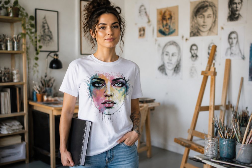 Person wearing a bold, artistic graphic t-shirt with creative design elements, holding a sketchbook and standing in a bright studio space with art supplies visible in the background