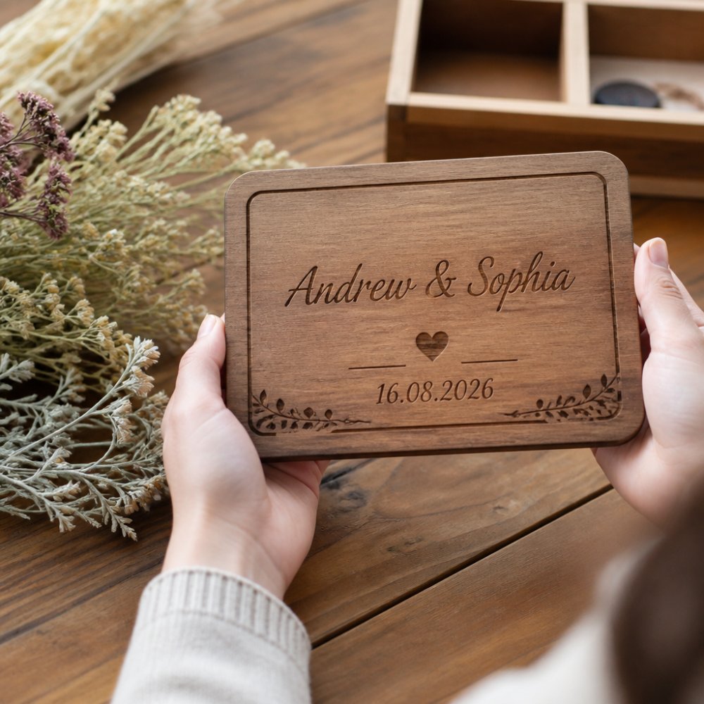 Close-up of hands holding a personalised wooden plaque with engraved names and a date, soft natural light on a wooden table with dried flowers nearby