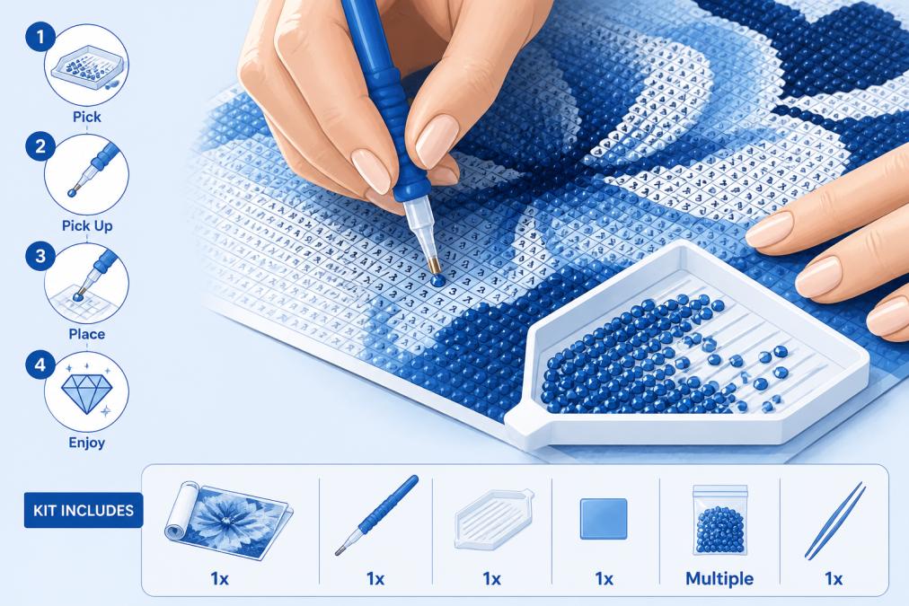 Close-up of hands placing colorful diamond drills onto a canvas with a specialized drill pen and tray nearby, showing the tactile, hands-on nature of diamond painting