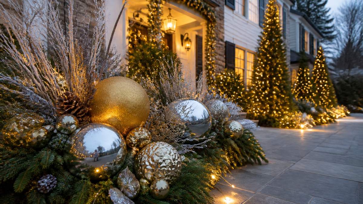Elegant outdoor holiday yard display with layered evergreen arrangements, oversized gold and silver ornaments, and festive accents creating a sophisticated front-yard scene with warm pathway lighting