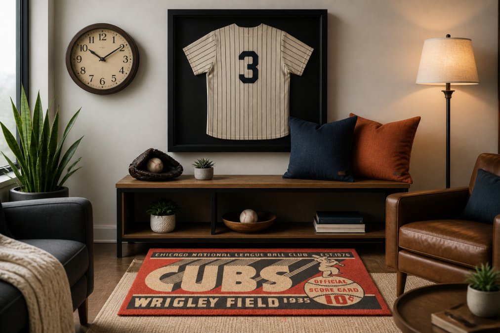 A modern living room with a framed vintage sports jersey mounted above a console table, flanked by team-colored throw pillows and a vintage wall clock showing retro memorabilia