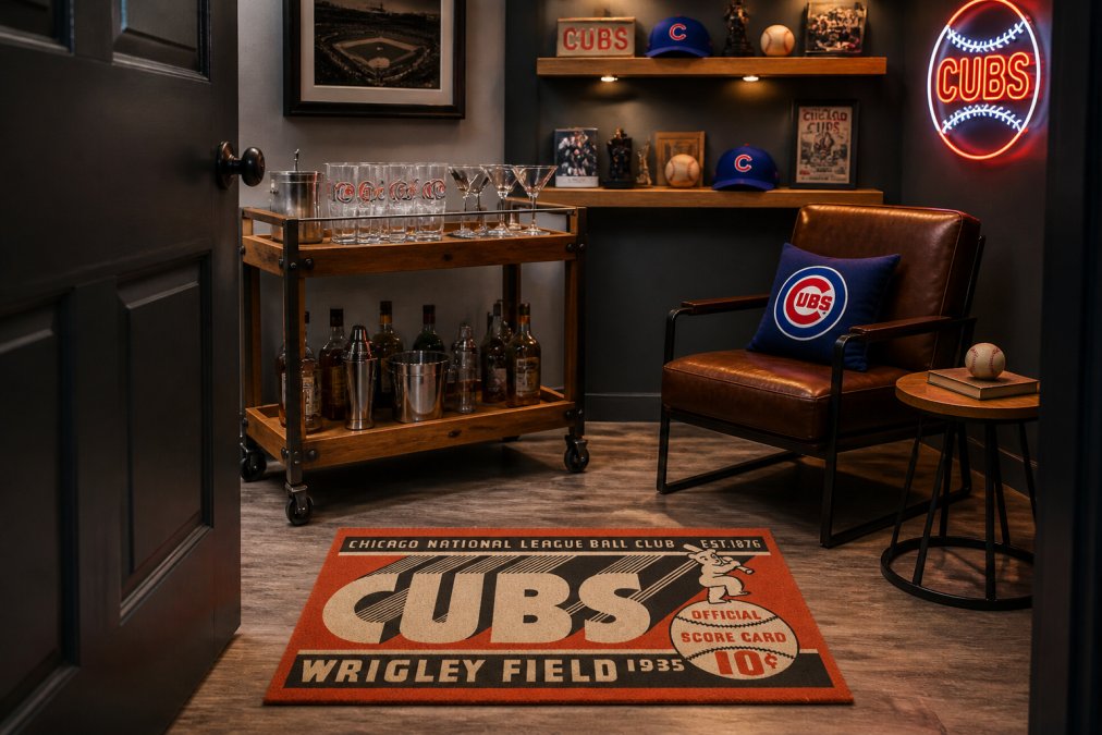 A game room setup featuring vintage sports glasses and mixing glasses on a wood bar cart, a vintage doormat at the entry, team memorabilia displayed on floating shelves, and neon signage creating warm ambient lighting