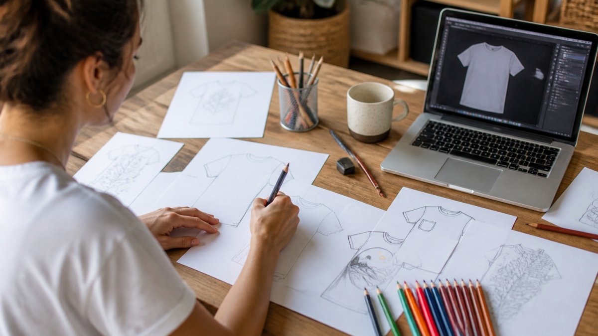 Person sketching t-shirt design ideas on paper at a desk with coloured pencils, laptop open beside them showing design software