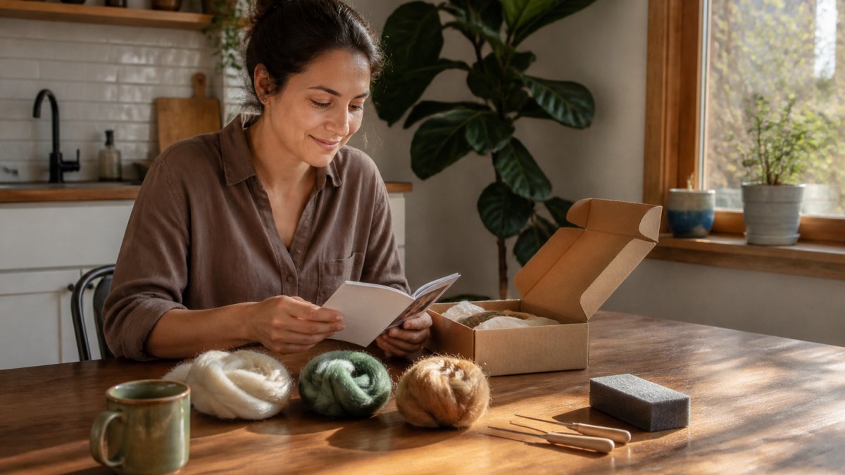 A woman in her 30s sitting at a wooden kitchen table, sorting through the contents of an open craft kit box. Wool roving, a foam block, and a small instruction booklet are laid out in front of her. Warm afternoon light from a nearby window. Casual clothes, relaxed posture, genuine curiosity on her face.