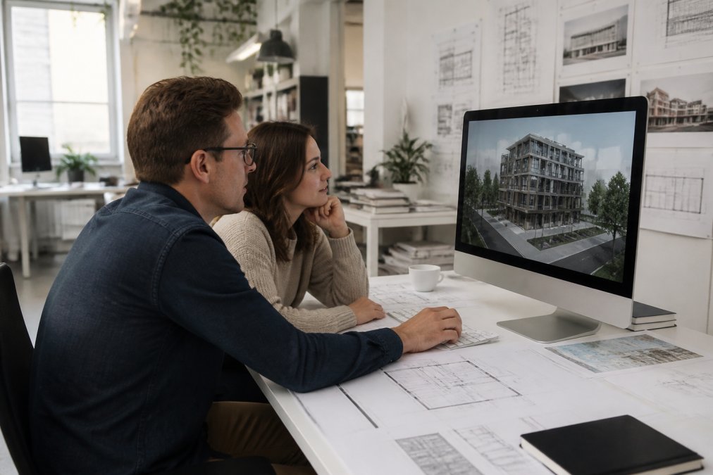 An architect and client reviewing a 3D building model on a large desktop monitor in a bright studio office, printed planning drawings spread on the desk beside them