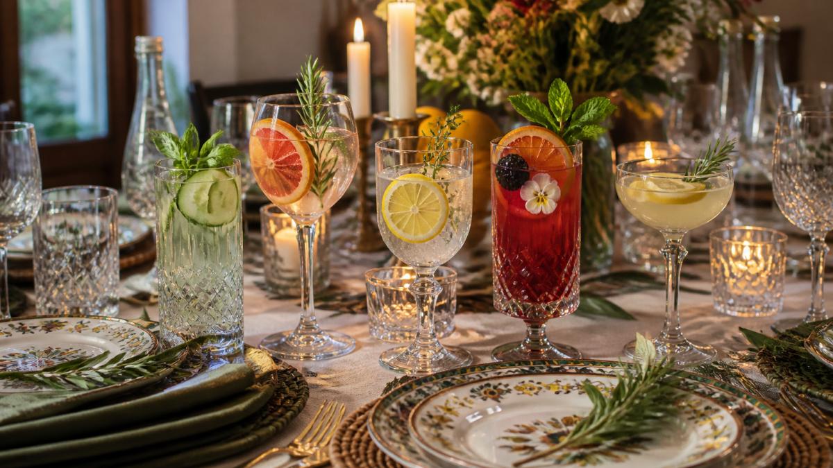 Elegantly set dinner table with crystal glassware holding creatively garnished non-alcoholic drinks, fresh herbs and citrus wheels visible, candlelight reflecting off the glasses, sophisticated place settings with Italian-inspired table decor in the background