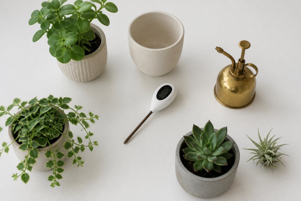 Flat lay of minimalist plant gifts arranged on clean white surface including ceramic pots, water sensor, and plant mister in organised, serene display